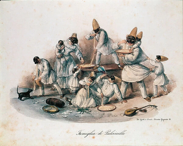A family of pulcinella devouring pasta, 19th century (lithography)
