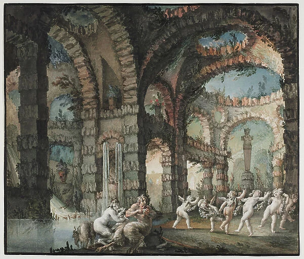 Family of Satyrs with Dancing Cherubs, c. 1775-76 (w / c and brush work with graphite and gouache)