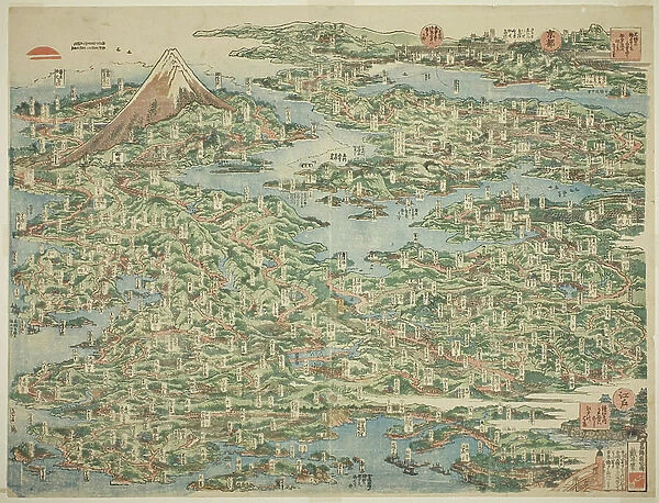 The Famous Places on the Tokaido in One View (Tokaido meisho ichiran), 1818 (colour woodblock print; o-oban)