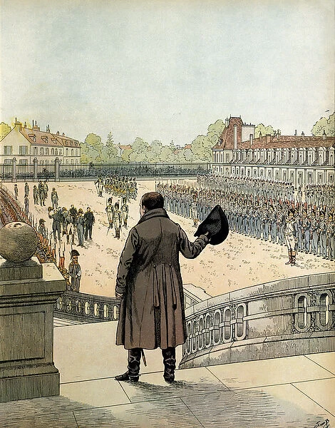 The farewell of Napoleon I Bonaparte (1769-1821) in the courtyard of the Cheval Blanc in