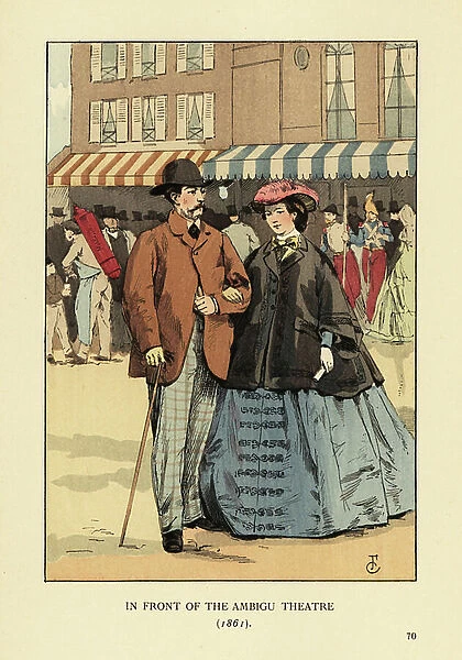 Fashionable couple in front of the Ambigu Theatre, 1861. Man in jacket and check trousers, woman in blue crinoline dress and black mantelet. Men, soldiers and tisane seller in front of the Theatre de l'Ambigu-Comique