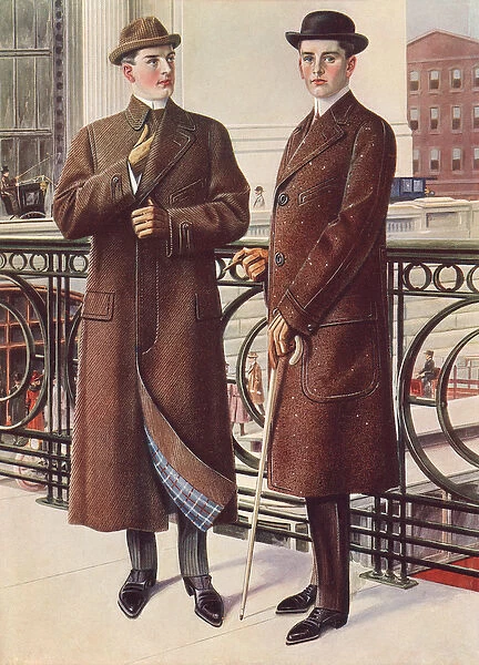 Two Fashionable Gentlemen in Tailored Winter Coats, 1890 (screen print)