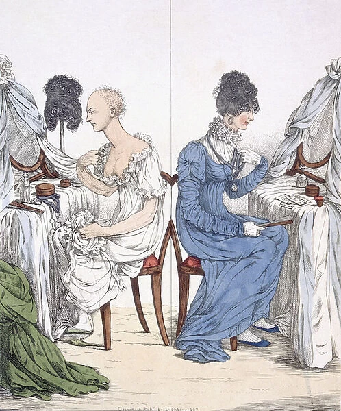 A fashionable lady, pub. 1807 (coloured etching) 88: A Regency belle without her wig