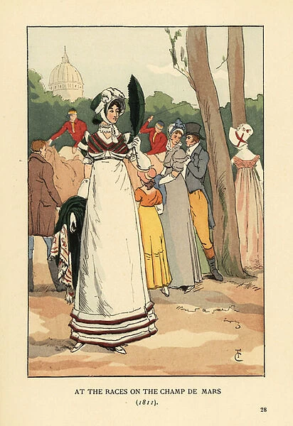 Fashionable woman at the horse races on the Champ de Mars, 1811. She wears a bonnet, high-waisted walking dress and carries a shawl and large feather. Jockeys on horseback in the background, and a gentleman whispering to a mother with girl