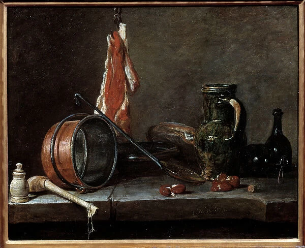 Fat menu and kitchen utensils. Still life. Painting by Jean Baptiste Simeon Chardin