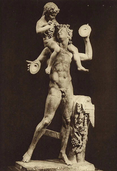 Faun and Bacchus, Ancient sculpture (b  /  w photo)