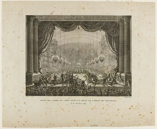 Feast of the Bodyguards, Flanders regiments, Montmorency dragoons and National Guards of Versailles. Trampling the National Cockade, they display the black cockade, a sign of the 'Aristocratic Confederation', 1st October 1789, Opera Hall