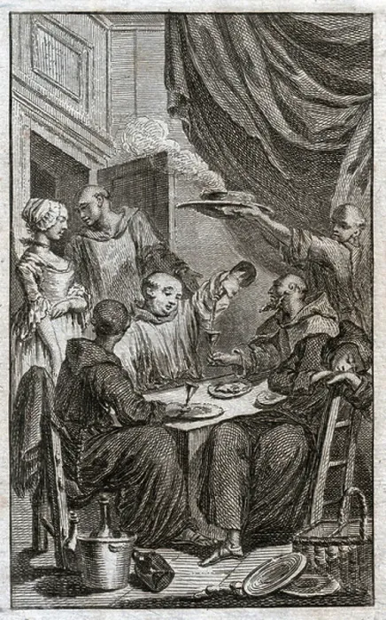 Framed Print : The feast of monks violating monastic rules. They drink wine, court the maids. 18th century (Engraving) Framed Print : The feast of monks violating monastic rules. They drink wine, court the maids. 18th century (Engraving)