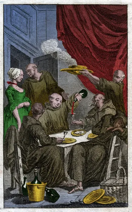 Framed Print : The feast of monks violating monastic rules, 18th century (Engraving)