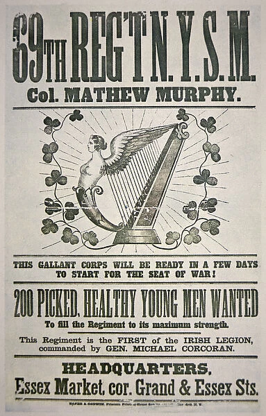 Federal recruiting poster for 69th Regiment, appealing to Irish immigrants (colour litho)