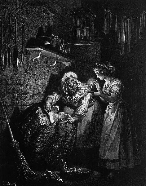 The fee shows Cinderella the pumpkin that will allow her to go to the ball, by Gustave Dore, 1879 (engraving)