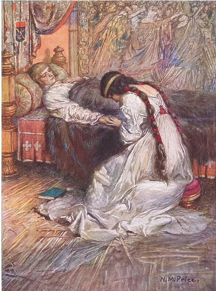 He felt her tears upon his hand, illustration from The Childrens Tennyson: Stories in Prose and Verse from Alfred Lord Tennyson by May Byron, 1910 (colour litho)
