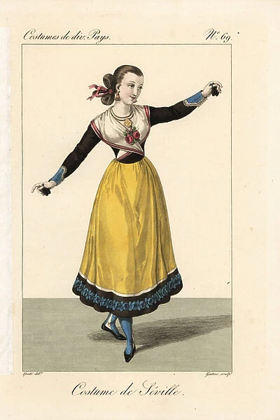 Female dancer of Seville, Spain, 19th century. She dances a fandango or bolero with her hair tied up in ribbons, a short bolero jacket, calf-length skirt, and castanets