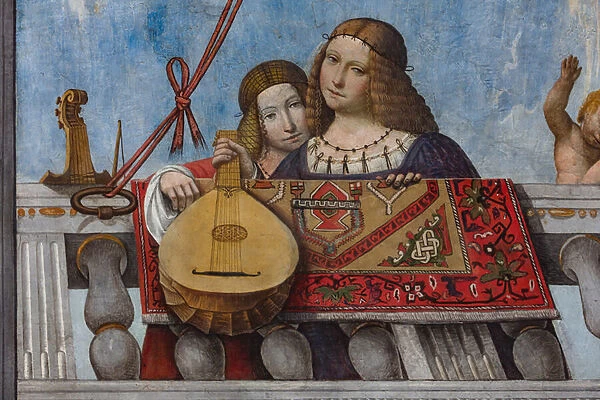 Female figures, one holding a lute, detail, vault of Hall of the Treasure (fresco) (detail of 3707463)