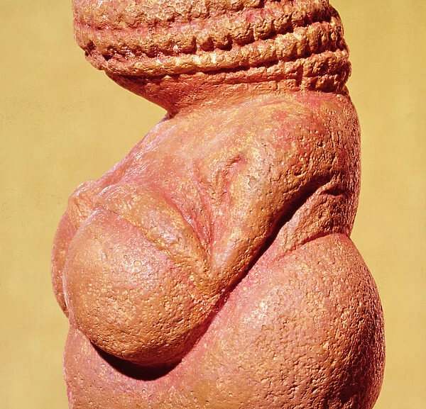 Female figurine known as the Venus of Willendorf, side view detail of torso, Gravettian culture