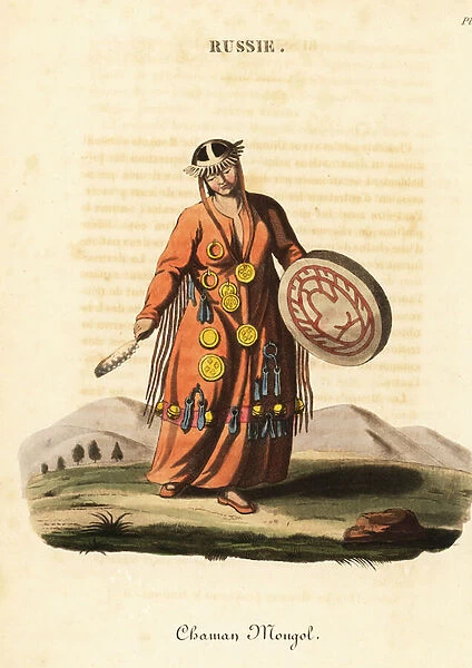 Female magician or shaman, Mongol people, 18th century. 1823 (engraving)