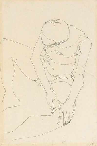 Female nude bent forward, both hands on the left thigh, 1913 (pencil on paper