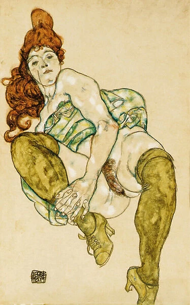 Female nude clasping right leg, 1917 (charcoal & gouache on paper)