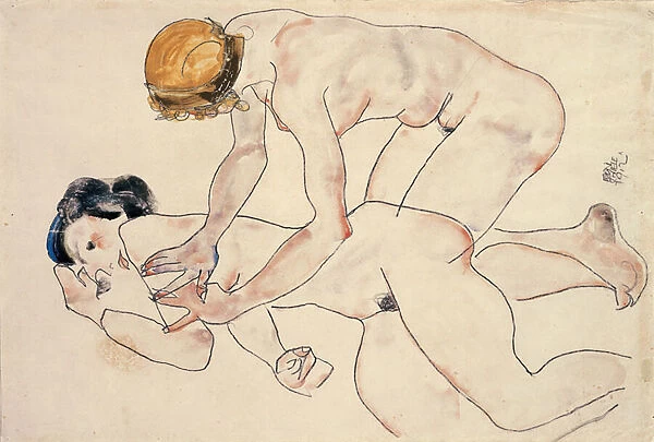 Two female nudes, reclining and kneeling (The Friends), 1912 (w  /  c & pencil on paper)