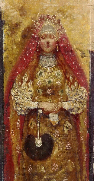 Femme boyard (boiard, boiar). Detail. Peinture de Andrei Petrovich Ryabushkin (Riaboutchkine) (1861-1904), huile sur toile, 1899. Art russe 19e siecle. State Art Museum, Iekaterinbourg (Russie)