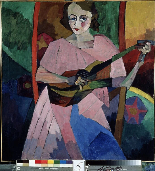 Femme a la guitare (Lady with a Guitar). Peinture de Aristarkh Vasilyevich Lentulov (Lentoulov) (1882-1943), huile sur toile, 1913. Avant garde russe, debut 20e siecle. State Art Museum of Republic Tatarstan, Kazan (Russie)