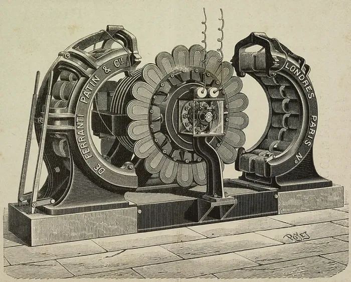 Framed Print : Ferranti alternating current dynamo, seen with open inductor, illustration by Poyet from L'Industria, Rivista tecnica ed economica illustrata, Milan, 1890