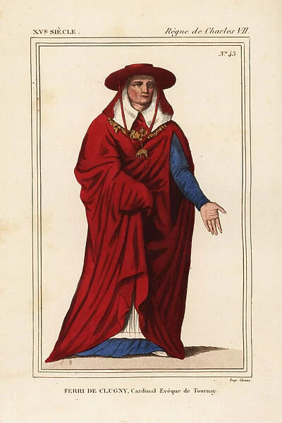 Ferri de Clugny, Cardinal and Bishop of Tournay, d. 1482. Handcoloured lithograph by Leopold Massard after a contemporary painting in Camille Bonnard XI 55 from Le Bibliophile Jacob aka Paul Lacroix