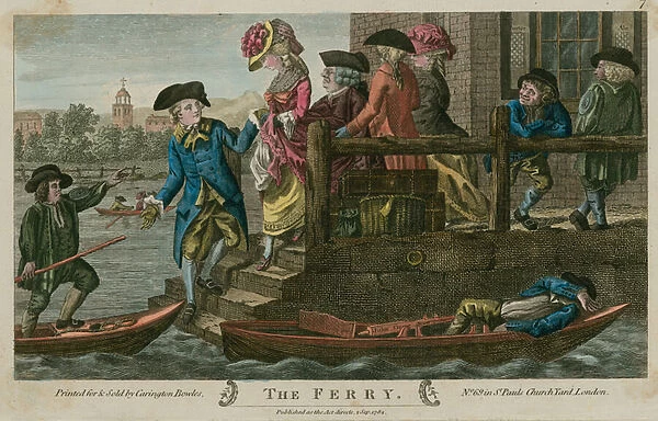 The Ferry, River Thames, London (coloured engraving)