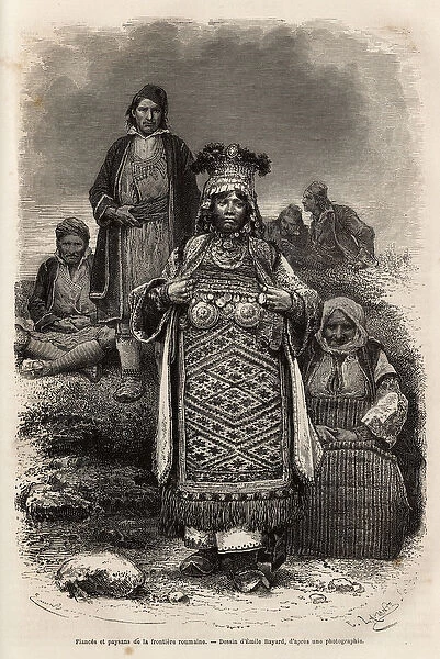 Fiances and peasants of the Romanian frontiers, engraving after the drawing by Emile