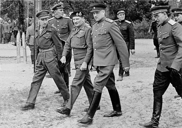 Field Marshall Bernard Montgomery with Marshal Rokossovsky, 10th May 1945 (b  /  w photo)