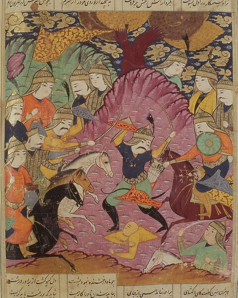 Fight between Bahrama and Tazaw, illustration from the Shahnama