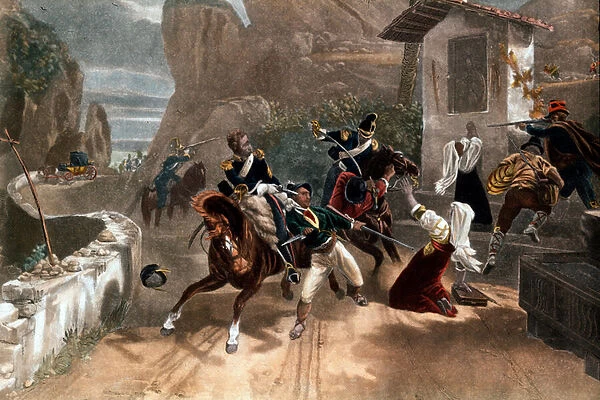 A fight between brigands and the popes carabinieri (dragoni) in Sardinia, Italy. 19th century (engraving)