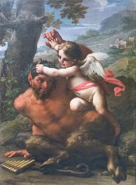 The fight between Cupid and Pan (oil on canvas)