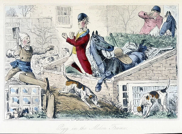 Fight between a farmer and a hunter. English caricature on the fox hunt from the '