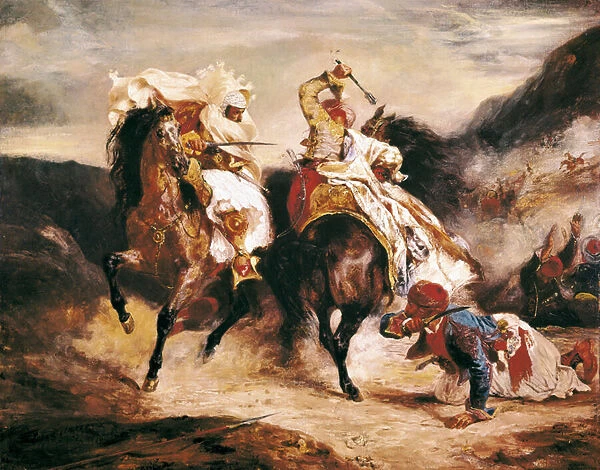 The fight of Giaour and Pasha. Inspire from Lord Byrons poem 'Le Giaour '. Orientalism Painting by Eugene Delacroix (1798-1863), 1827 Chicago. Art Institute of Chicago