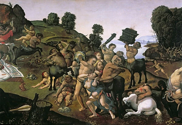 The Fight Between the Lapiths and the Centaurs, (detail of Centaurs attacking the Lapiths) c. 1490 s, (oil on wood)