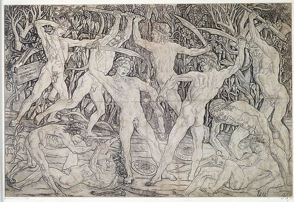 Fight of naked warriors Drawing by Antonio Pollaiolo (Pollaiuolo or Benci) (ca