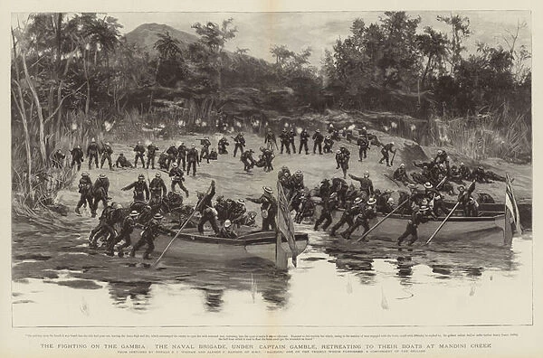 The fighting of the Gambia, the naval brigade, under Captain Gamble, retreating to their boats at Mandini Creek (engraving)