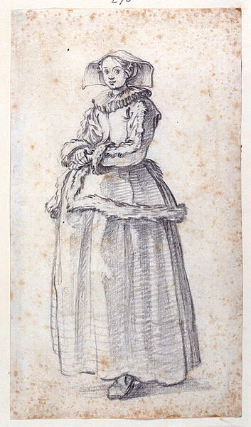 Figure with Fur-Trimmed Dress (black chalk on paper)