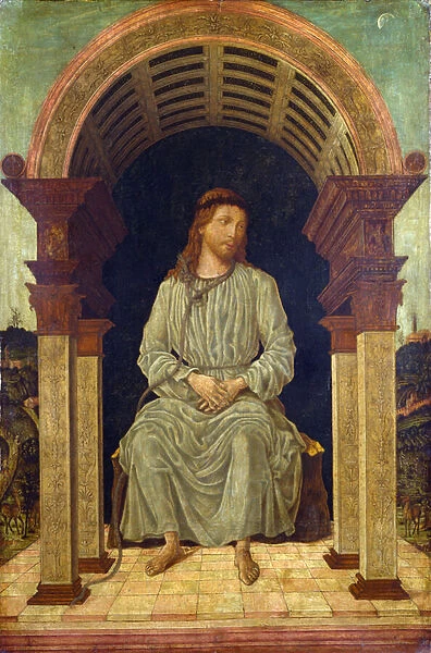 'Figure mystique du christ'Jesus assis une corde de pendu autour du cou associe a la derision du christ - Peinture attribuee a Antonio Cicognara (actif vers 1480 - 1500) Londres National gallery
