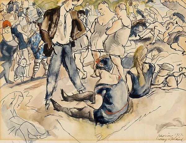 Figures on Beach, Coney Island, 1917 (w  /  c on paper)