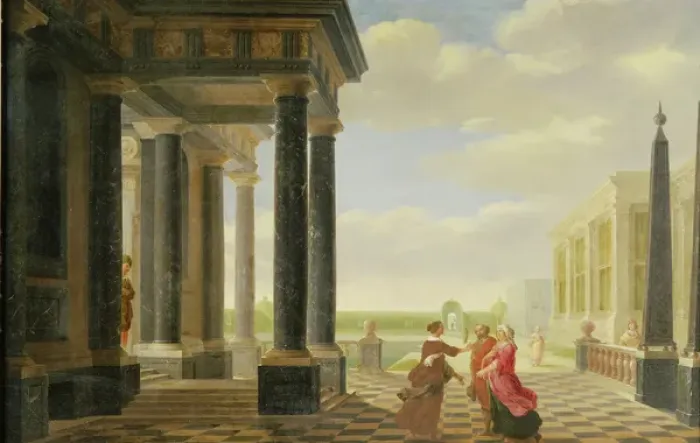 Framed Print : Figures in Conversation in a Classical Setting
