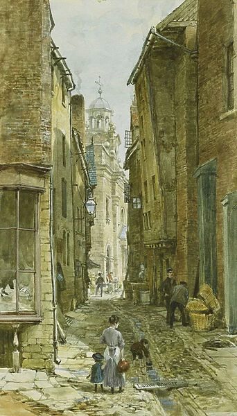 Figures in Harp Lane, Ludlow, (pencil and watercolour heightened with white)