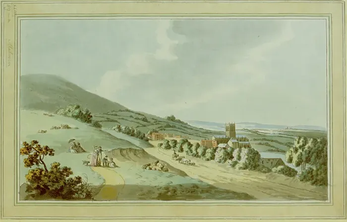 Framed Print : Figures on a hillside; sheep on a path; below, the town of Malvern and the Priory. Trees throughout the scene