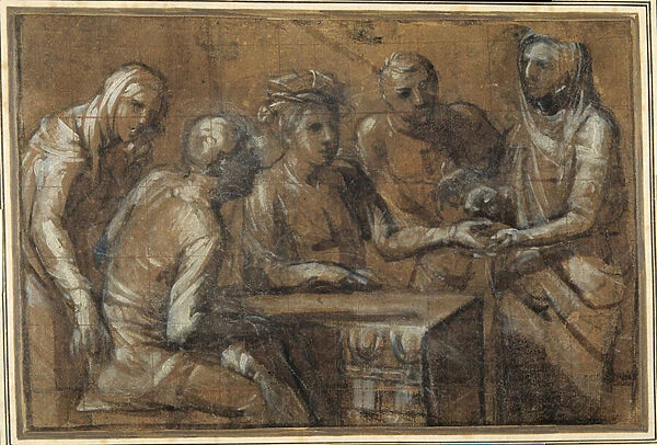 Five figures in an interior (charcoal heightened with white body colour)