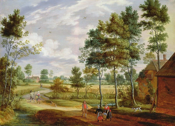 Figures outside a Cottage in a Country Landscape (oil on canvas)