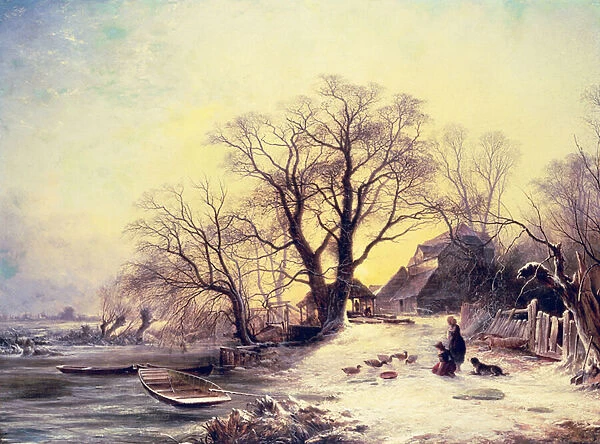 Figures outside a cottage in winter