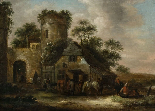 Figures Outside an Inn by the Town Walls in Summertime, 1635-76 (oil on panel)