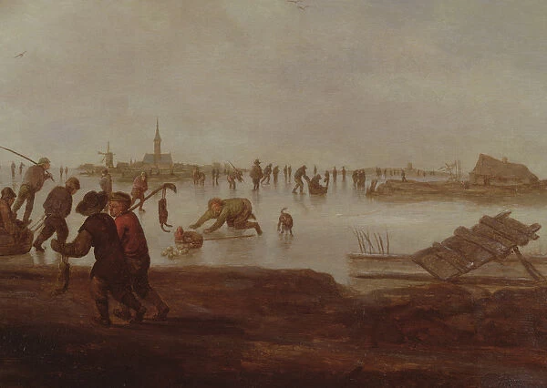 Figures skating on Frozen Waterway, 17th century