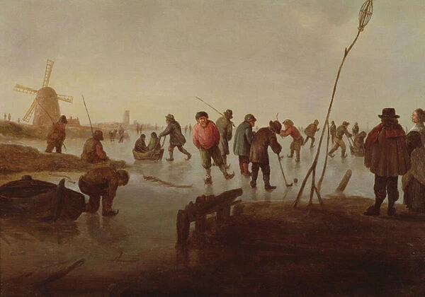 Figures skating on Frozen Waterway, 17th century